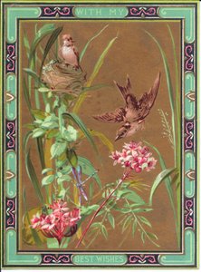 A Victorian Greeting Card of a Bird Chasing a Dragonfly and a Bird on Its Nest (c.1880)