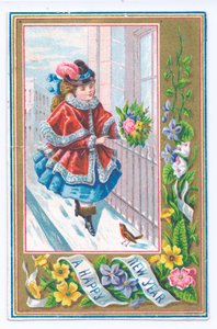 Victorian New Year Card of a Girl Dressed in a Fur Lined Cape Holding a Bouquet of Flowers Walking in the Snow, c.1880 by English School