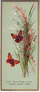 A Victorian New Year Card of Two Butterflies Amongst Tall Grasses (c.1880) by English School