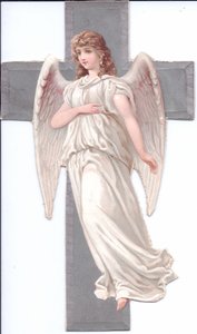 A Victorian Paper Scrap Relief of an Angel in Front of a Cross, c.1880