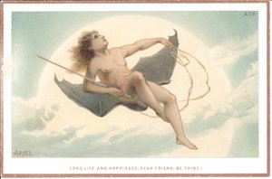 A Victorian Card of a Naked Man Holding a Rod and Sitting on a Pair of Huge Bat Wings Flying through the Clouds, c.1880