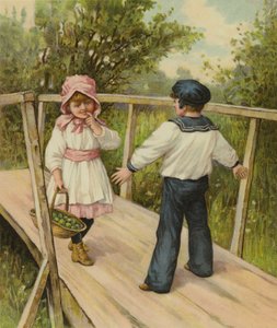A Boy Telling a Girl She Must Pay a Toll to Cross the Bridge He is Standing On