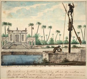 A colonial garden showing irrigation, c.1787
