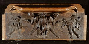 A damaged misericord depicting three men fighting with daggers and swords, New College Chapel, Oxford, late 14th century