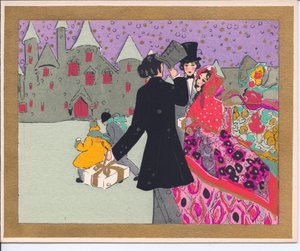 A hand-coloured French Pochoir Christmas card of guests walking to a castle for a party