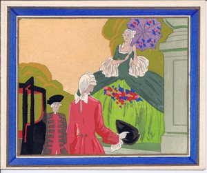 French Pochoir Greeting Card of a Bewigged Man and Footman Waiting for a Grand Lady, c.1920