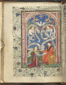 A kneeling pupil, perhaps representing the author, Norton, receiving a book from his master, with angels, written scrolls and a dove above. Ordinal of Alchemy. Thomas Norton 4th quarter of the 15th century