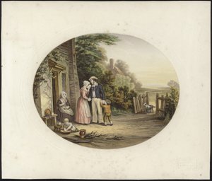 A man stands with his family by the entrance of a house by English School