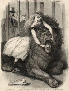 A modern Una; A young and beautiful maniac in the cage of an African lion
