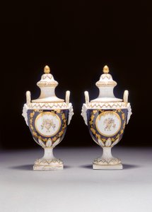 A Pair of Chelsea-Derby Two-Handled Urn-Shaped Vases and Two Covers