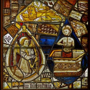 A panel in the east window depicting Christ of Pity rising from the tomb, a musician angel with a harp, and St Mark