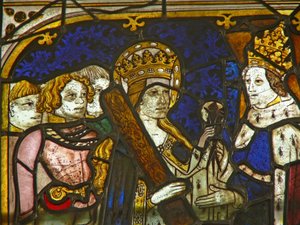 A panel in the east window depicting St Helen with Emperor Constantine