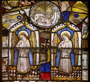 A panel in the east window depicting two angels and St Mark