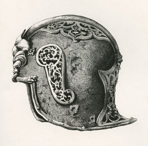 A sallet, aka salade or schaller war helmet, A.D. 1450, from The British Army: Its Origins, Progress and Equipment by English School