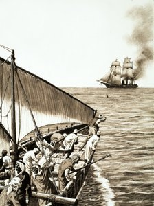 A steamship on the horizon, an Arab dhow in the foreground by English School