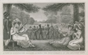 A view in Kensington Gardens, London, during the performance of the military band by English School