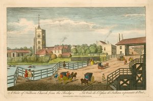 A view of Fulham Church from the Bridge by English School