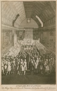 A view of the House of Peers, the King sitting on the throne by English School
