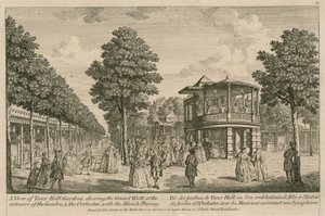 A view of the Vauxhall Gardens, London, showing the grand walk at the entrance and the Orchestra with music playing by English School
