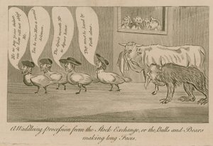 A Waddling Procession from the Stock Exchange, or the Bulls and Bears Making Long Faces