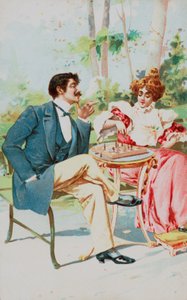 A well-dressed couple playing chess in a garden