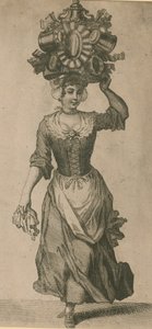A Woman Carrying a Variety of Metal Objects on Her Head by English School