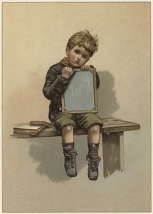 A Young Boy Sits Crying as He Rests His Chin on a Chalkboard by English School