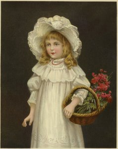 A Young Girl Dressed in White Holding a Basket of Red Flowers by English School
