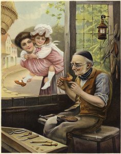 A Young Woman and a Small Girl Watch a Cobbler at Work