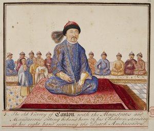 The viceroy of Canton with magistrates and mandarins, his children standing at his right hand receiving the Dutch ambassadors, from 