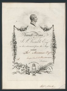 Admission ticket for dinner to celebrate John Kembles farewell to the stage, 1819