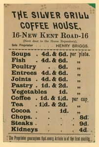 Advert for The Silver Grill Coffee House, 16 New Kent Road, London by English School