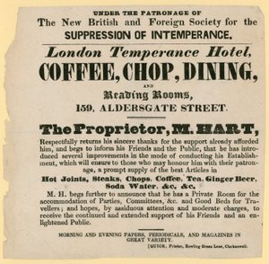 Advert for the London Temperance Hotel, under the patronage of the New British and Foreign Society for the Suppression of Intemperance by English School
