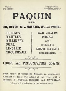 Advertisement for Paquin, dress-makers by English School