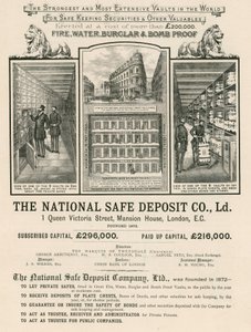 Advertisement for The National Safe Deposit Company, 1 Queen Victoria Street, Mansion House, London by English School