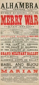 Advertisement for the Royal Alhambra Theatre, featuring Merry War by F Bell and Richard Genee with music by Johann Strauss