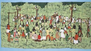 African batik, illustrating and football match with spectators watching