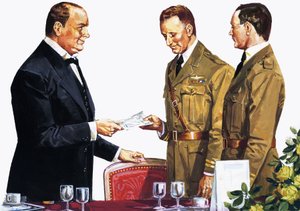 Alcock and Brown receiving a prize from Winston Churchill by English School