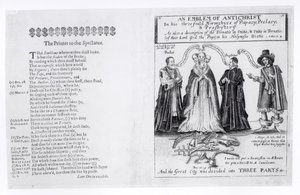An Emblem of the Antichrist in his Threefold Hierarchies of Papacy, Prelacy, and Presbytery by English School