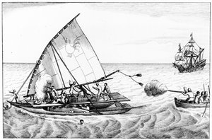 An incident during Le Maires and Schoutens circumnavigation of the world in 1615-16, from Volume II of Chronological History of the Voyages and Discoveries in the South Sea by English School