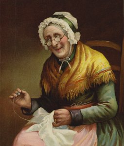 An old woman sewing for the poor by English School