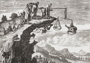 An unusual method of extorting confessions from criminals, after a 16th century drawing by Theodorus de Bry. The scene shows the criminal sitting in the scales of injustice whilst a priest leans over the precipice ready to receive his confession