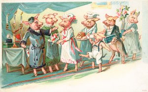 Anthropomorphic pigs being greeted as they arrive at a party by English School