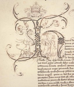 Decorated initial H from royal charter recording grant by King Henry VI to New College Oxford of the estates of Newton Longville by English School