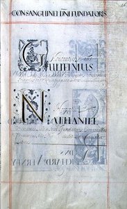 Page listing three benefactors of New College, Oxford: Gulielmus, Nathaniel, from a Benefaction Book by English School