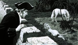 Artist George Stubbs watched as a lion stole towards a Barbary horse by English School