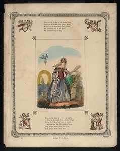 Bird delivering a love letter to a woman, love poem by English School