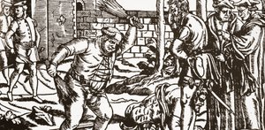 Bishop Bonner beating his prisoner, John Willes, in the orchard of his palace at Fulham by English School