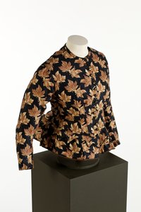 Black bodice with printed golden brown maple leaf design, c.1860-70