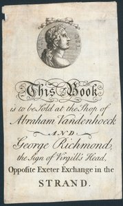 Book Plate, This Book is to be Sold at the Shop of Abraham Vandenhoeck and George Richmond by English School